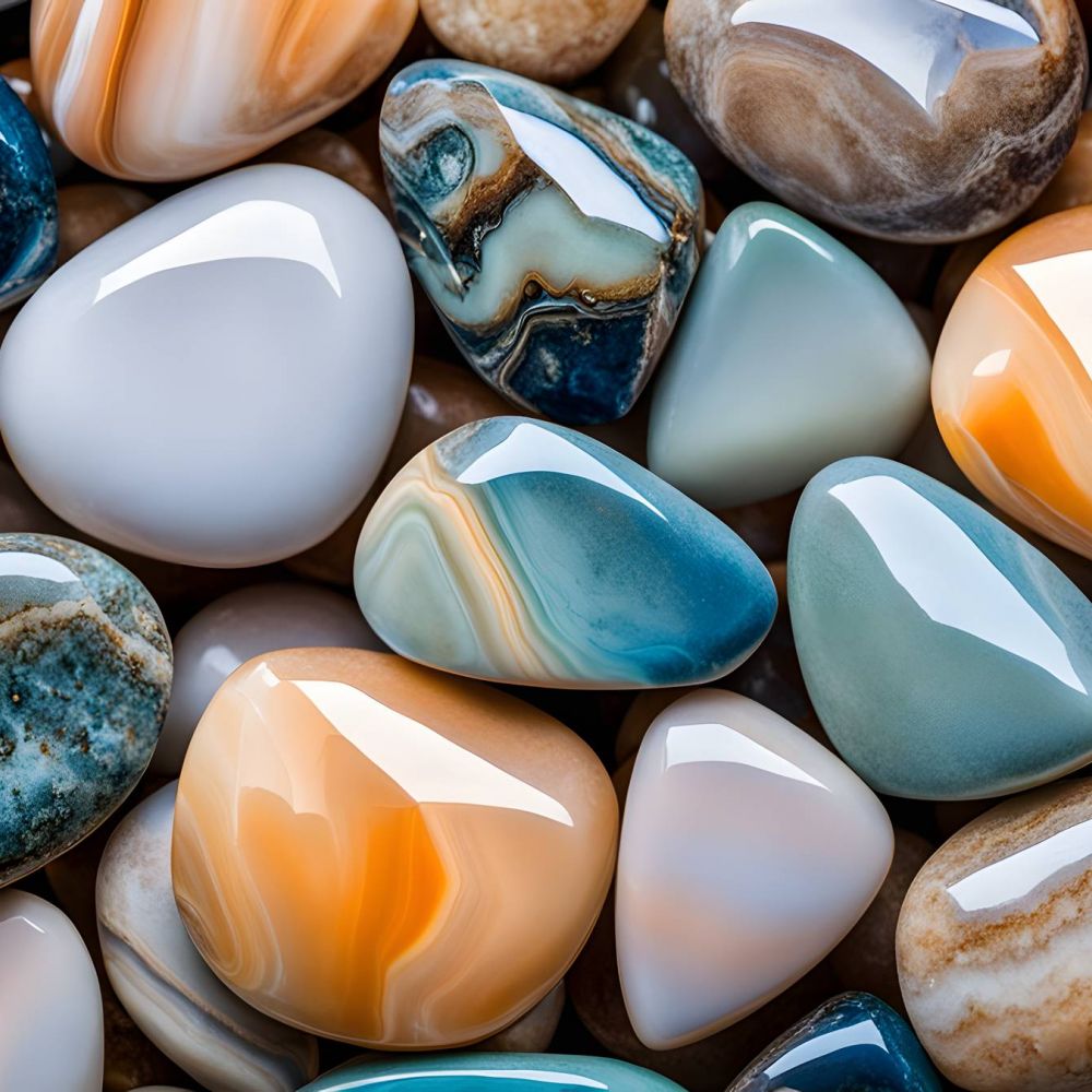 Emberwood apartments A variety of polished, colorful stones and minerals with smooth, shiny surfaces closely arranged together.